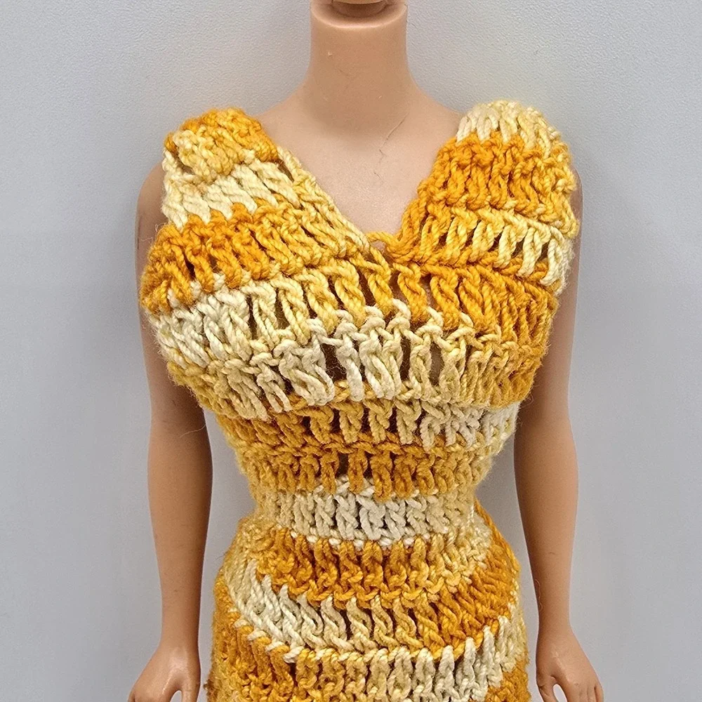 Vintage Barbie Fashion Doll Mommy Made Handmade Crochet Yellow White Dress